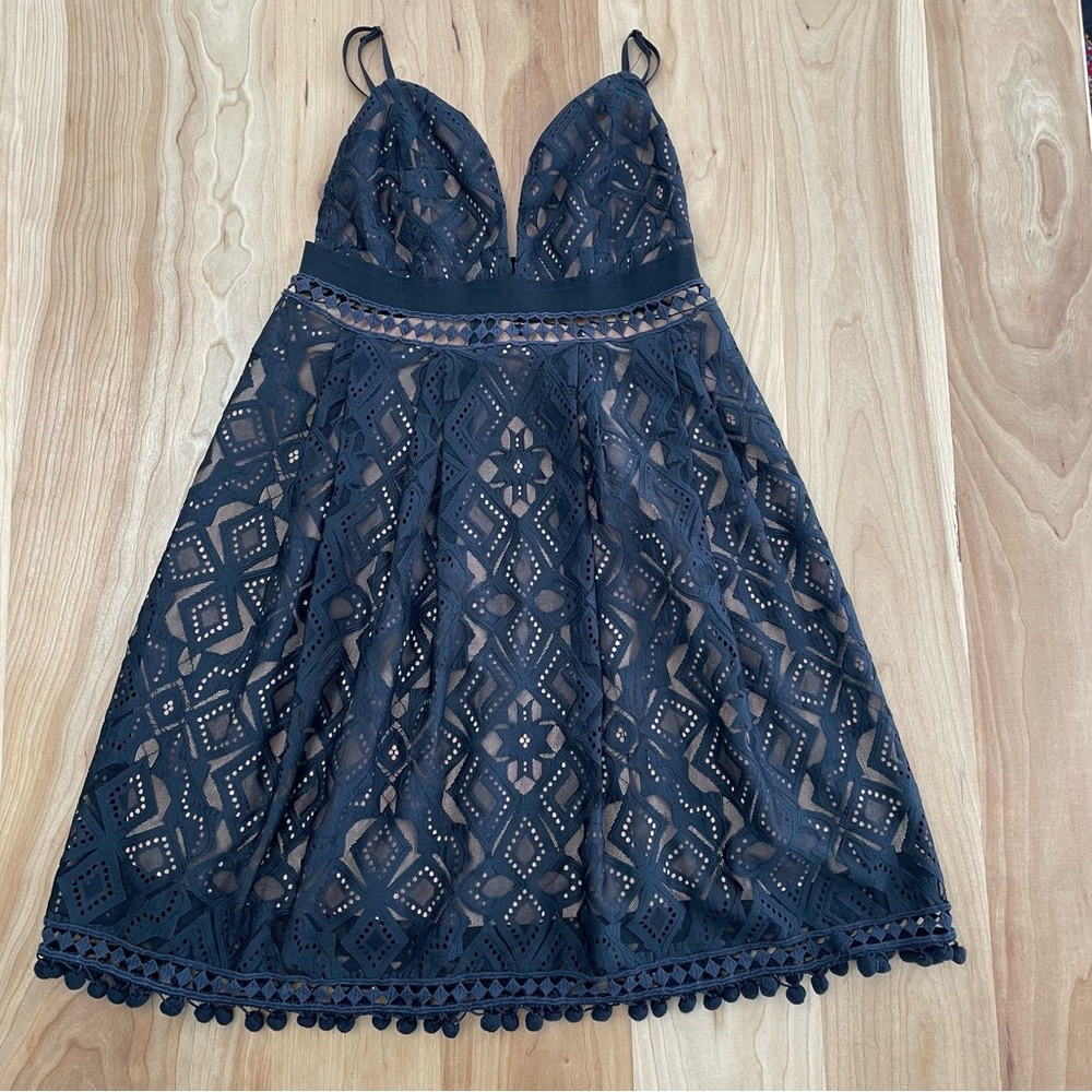For Love And Lemons Florence Lace Mini Dress Pom Pom Hem Small* Babydoll